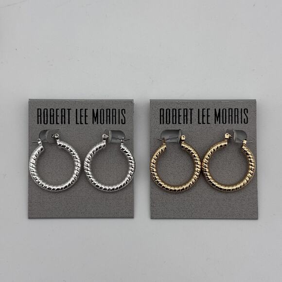 Robert Lee Morris Jewelry - Robert Lee Morris Hoop Earrings Set of 2 Pairs Silver Gold Tone Textured NEW